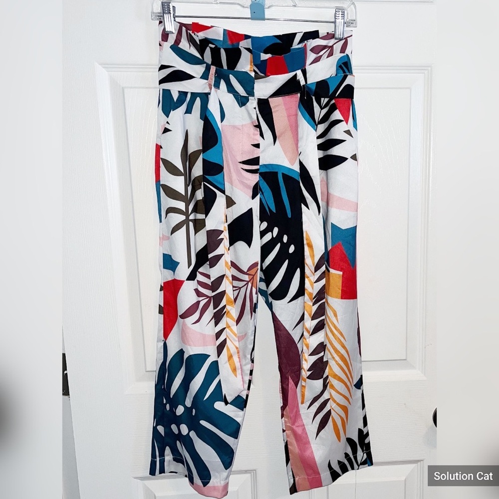 SHEIN Tropical Wide Band Waist Self Belt Pants size Small - Picture 3 of 4